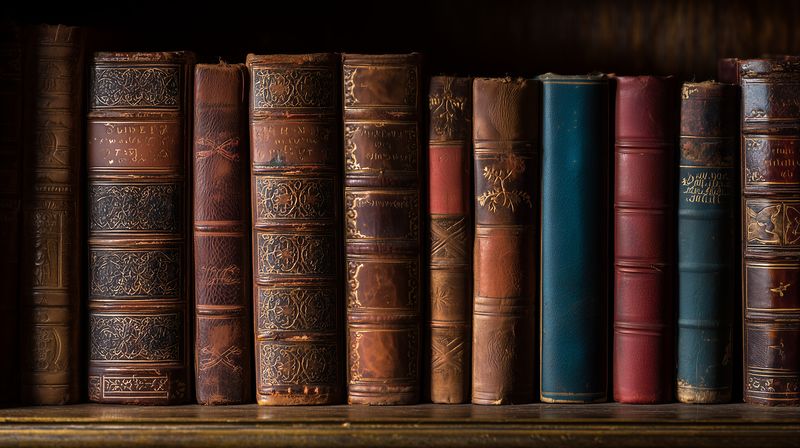 Row of vintage leather-bound books on a wooden shelf, highlighting distressed textures, embossed spines and warm brown tones that evoke classic literature, history, timeless charm.