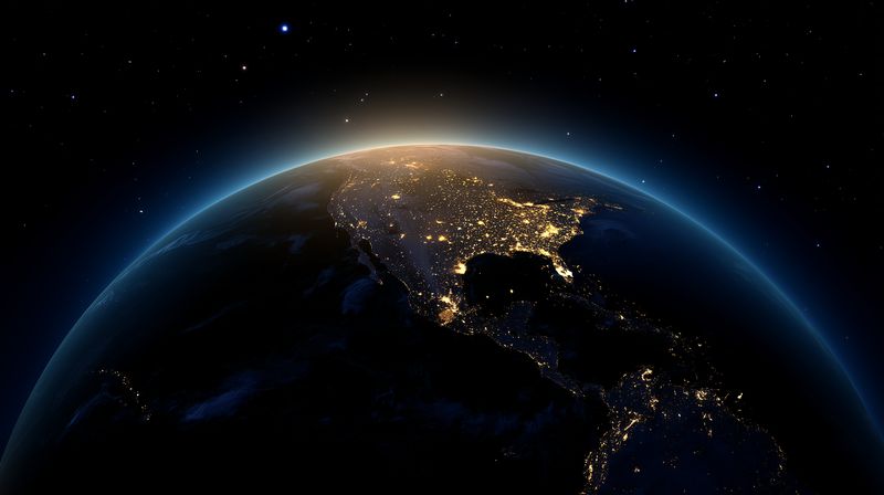 Night view of the Earth from space showing glowing city lights, curved horizon and sunrise glow over the atmosphere with distant stars creating a cosmic backdrop and subtle layers.