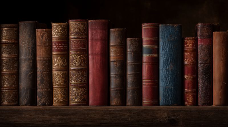 A row of antique leather-bound books displayed on a worn wooden shelf, richly textured spines with faded colors and gold detailing set against a dark backdrop, evoking a vintage library mood.