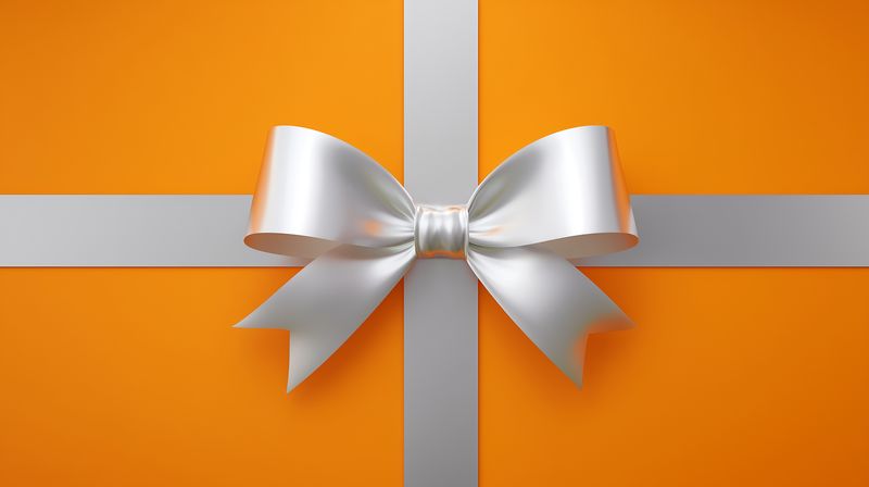 A glossy silver ribbon bow crosses a vibrant orange background, creating a luxurious gift wrapping composition ideal for celebration, holiday campaigns, advertising and elegant product presentation