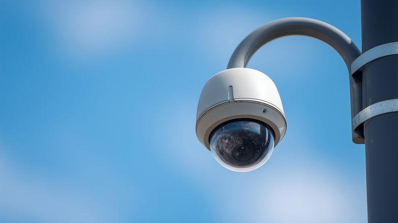 Dome security camera mounted on a metal pole against a clear blue sky, providing outdoor surveillance with protective glass, modern lens and durable housing for reliable monitoring.