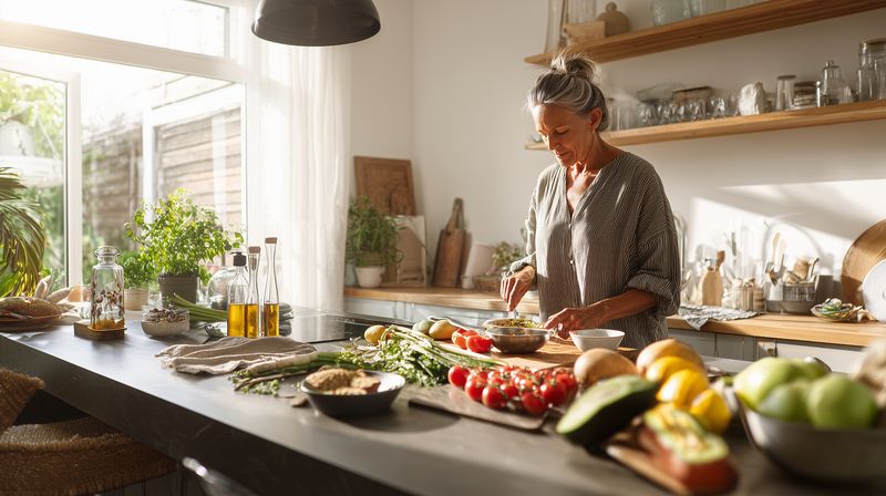 Elderly woman preparing fresh vegetables in a bright modern kitchen, chopping herbs and arranging colorful produce on a large island while sunlight streams through windows and smiling softly.