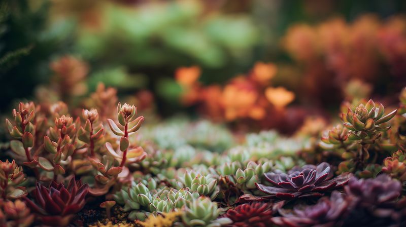 Close-up of assorted small succulent plants with varied rosette shapes and warm tones, showing shallow depth of field that highlights textures and delicate leaves in a natural arrangement.