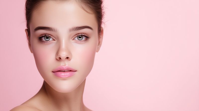 Close-up portrait of a young woman with flawless skin and natural makeup against a soft pink background, highlighting skincare, beauty, and a fresh minimalist cosmetic aesthetic.