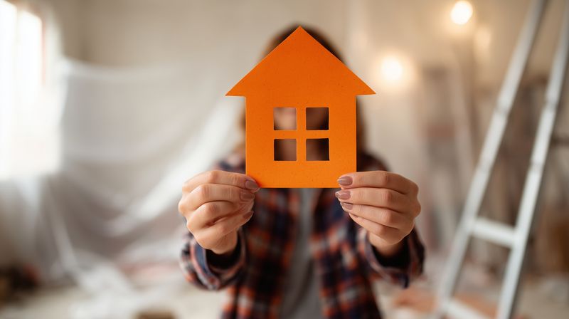 Hands hold an orange house cutout against a blurred interior background, symbolizing homeownership, renovation, housing, property, shelter, DIY and domestic improvement projects.