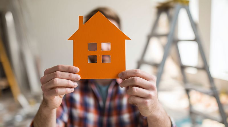Person holding an orange paper house cutout in front of their face during indoor renovation, conveying home ownership, remodeling, repair and DIY activity with ladder nearby.