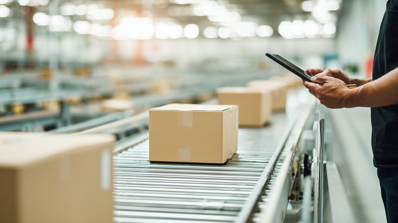 Warehouse conveyor with cardboard boxes moving on rollers while a worker uses a tablet to inspect shipments, demonstrating modern logistics, inventory control and efficient distribution processes.