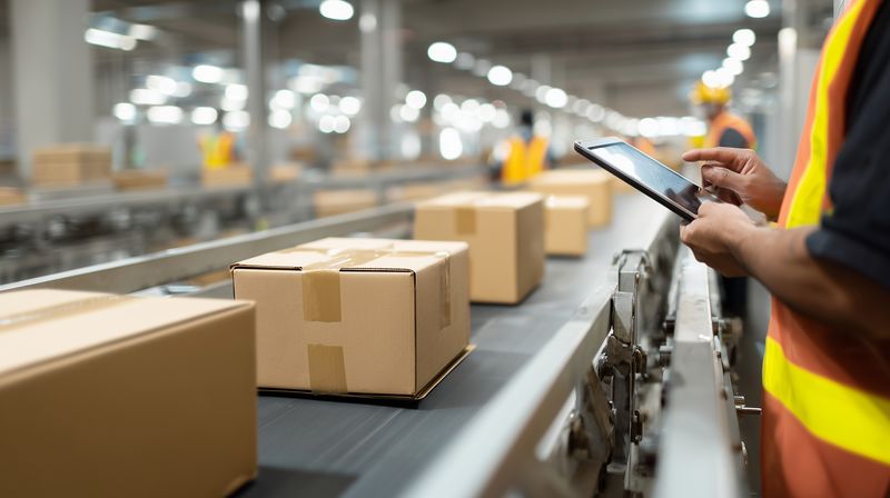 Warehouse worker in a high visibility vest uses a tablet to monitor cardboard packages moving on an automated conveyor belt inside a modern distribution center facility.