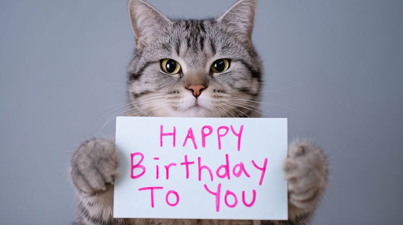 Close-up of a gray tabby cat holding a handwritten birthday card that reads "Happy Birthday To You", staring at camera against a neutral background, pet celebration concept.