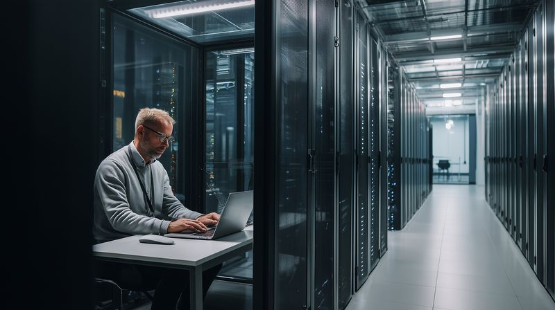 IT engineer seated at a laptop inside a modern server room, inspecting server racks and network equipment under cool lighting while performing system maintenance and diagnostics.