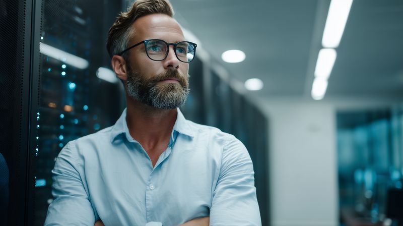 Thoughtful IT professional standing in a data center aisle with servers, wearing glasses and a shirt, conveying confidence, focus, technology expertise, leadership and experience.