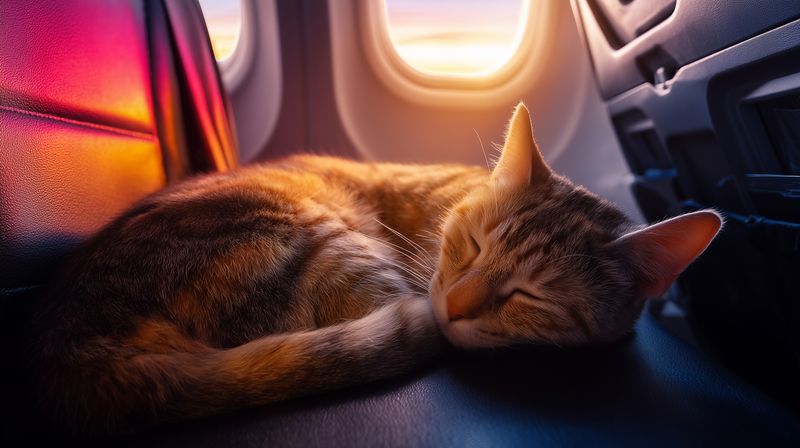 Sleeping tabby cat rests peacefully on an airplane seat illuminated by warm sunset light through the window, creating a cozy atmosphere and soft colorful reflections on cabin surfaces.