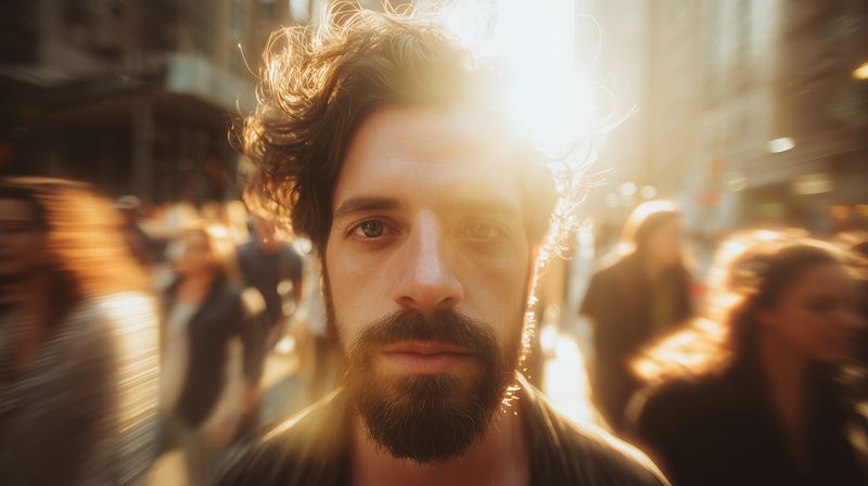 Close-up portrait of a bearded man in a bustling urban crowd, backlit by warm sunlight and lens flare, with motion blur creating a cinematic sense of movement and focus.