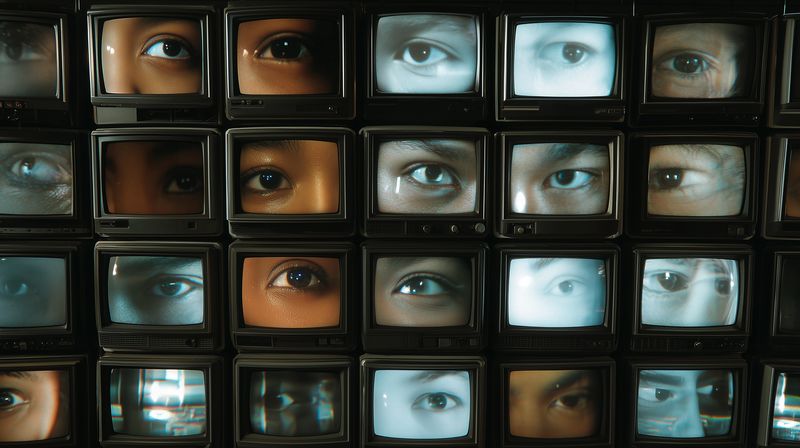 Multiple human eyes displayed on an array of vintage television screens forming a mosaic, conveying themes of surveillance, observation, media fragmentation and collective gaze in cinematic style.