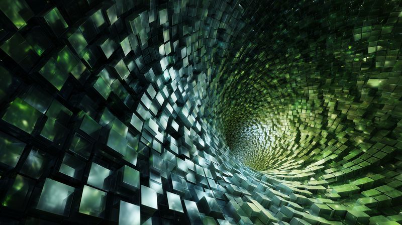 Abstract 3D tunnel formed by translucent green glass cubes creating a swirling vortex effect with depth, light reflections and geometric repetition for futuristic background.