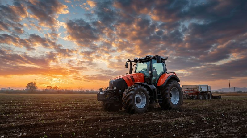 Red tractor on a plowed field at sunrise with dramatic cloudy sky, agricultural machinery ready for planting, rural landscape conveying farming work, soil texture and machine detail