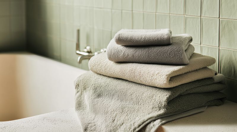 Soft folded towels stacked on a bathtub edge in a minimalist bathroom, neutral tones and natural textures create a calm spa-like atmosphere with warm gentle lighting.