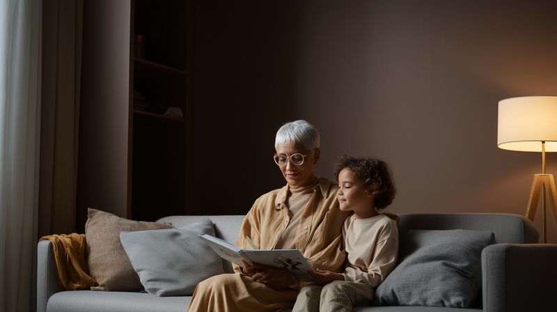 An elderly grandmother and a young child share a quiet evening storytime on a cozy sofa, reading a picture book together under warm lamp light, embracing family bonding.