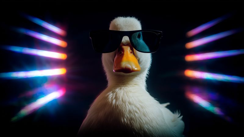 Portrait of a duck wearing sunglasses illuminated by colorful neon light streaks, creating a cool humorous studio image with glossy feathers, vibrant reflections and bold contrast.