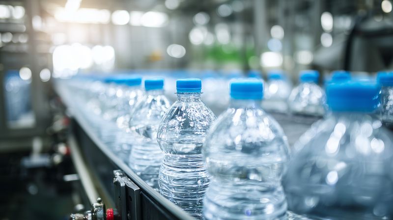 Close-up view of clear plastic water bottles with blue caps moving on an industrial conveyor belt in a modern bottling plant, showing reflections, condensation, and production detail.