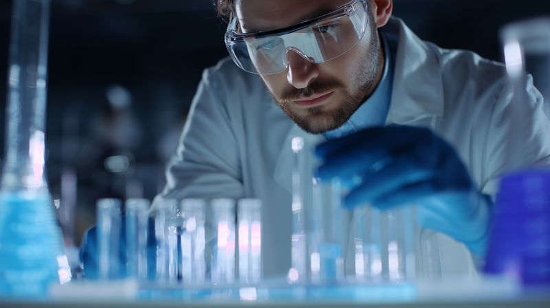 A focused scientist wearing protective goggles and a lab coat carefully pipettes liquid into test tubes and glassware on a laboratory bench, conducting precise chemical experiments and analytical