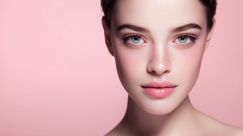 Close-up beauty portrait of a young woman with flawless skin and natural makeup against a soft pink background, highlighting clear eyes, glossy lips, delicate features and freshness.