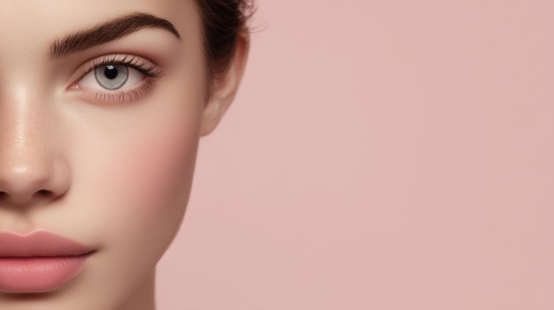 Closeup portrait of half face of a young woman with flawless skin, soft natural makeup, defined eyebrow and clear eye on pastel pink background, beauty and skincare concept.