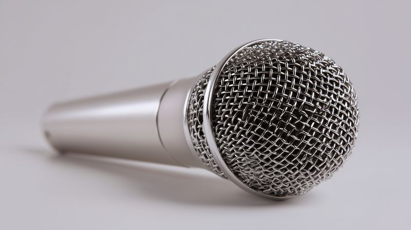 Close-up view of a handheld dynamic microphone resting on a neutral surface, highlighting metal grille texture and polished silver body, ideal for music, podcasting, recording and live performance.