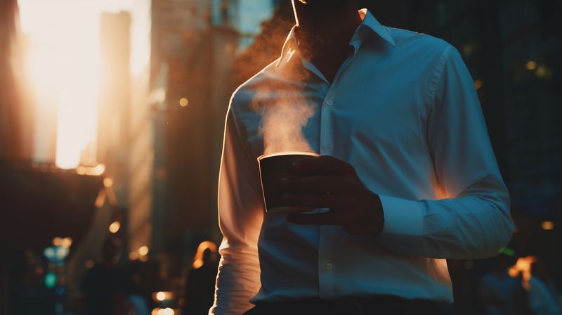 Silhouetted man holding a steaming cup on a sunlit city street at sunrise, warm backlight and bokeh creating a moody urban morning scene with soft glow and commuter atmosphere.