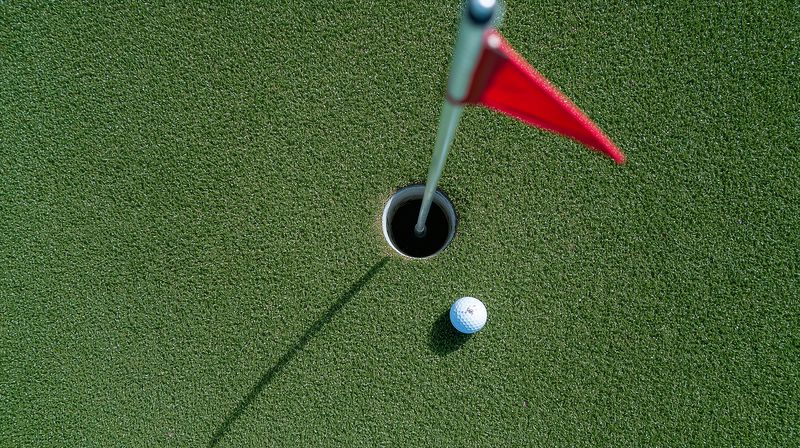Top-down view of a golf ball resting beside the hole on a well-groomed putting green, with a flagstick and shadow creating a graphic composition that conveys focus and calm outdoor sport.