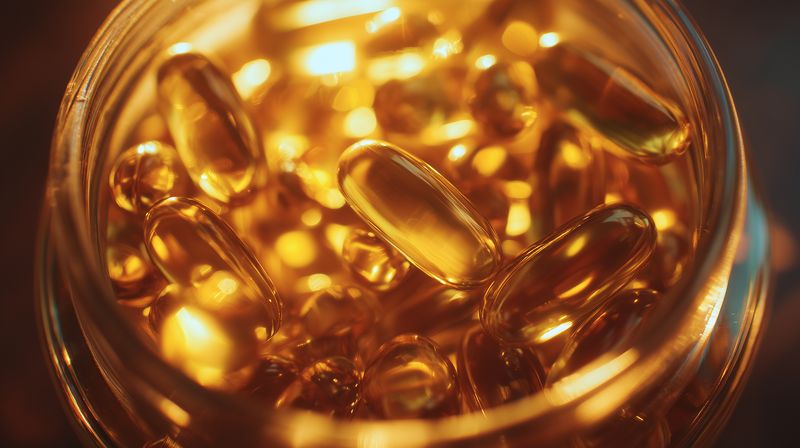 Close-up of golden translucent softgel capsules in a glass jar, illuminated by warm light. Shiny gel pills convey health, nutrition, and premium dietary supplements for wellness.