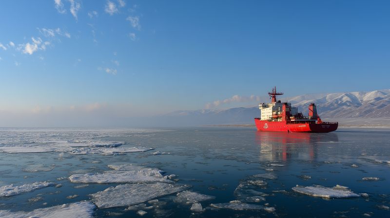 Red icebreaker vessel navigating icy blue sea among floating ice floes under a clear winter sky, with distant snowcovered mountains on the horizon and crisp cold light.