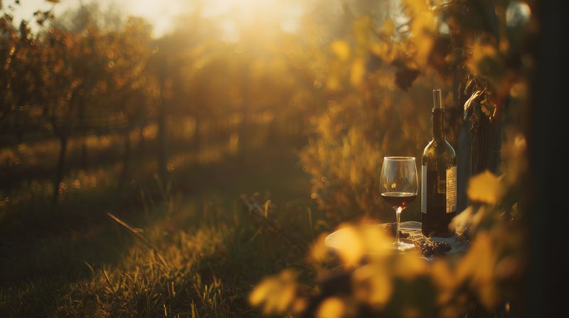 A glass of red wine and a bottle rest on a wooden table at golden hour in a vineyard, warm sunlight filtering through autumn leaves creates a cozy rustic atmosphere for tasting.
