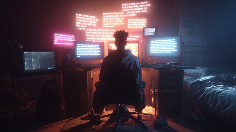 Silhouette of a lone coder surrounded by glowing monitors and neon text in a dark room, creating an intense cyber atmosphere of late night programming, focus and digital mystery.