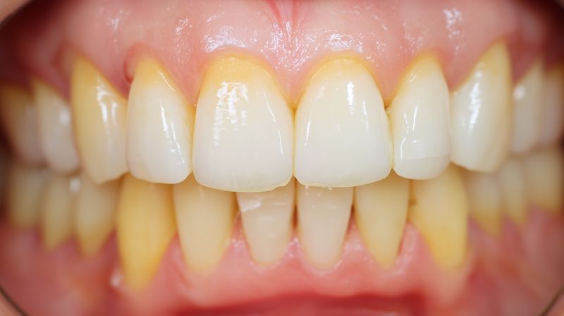 Close-up dental portrait showing upper and lower teeth and gums with visible plaque and yellow discoloration, illustrating oral hygiene issues and dental anatomy details.