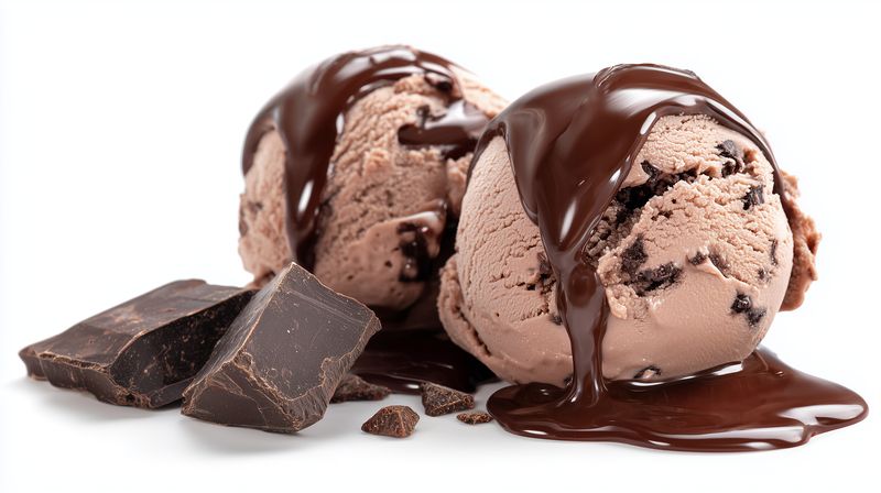 Two scoops of rich chocolate ice cream topped with warm chocolate sauce melting over the surface, accompanied by dark chocolate pieces on a clean white background, studio food photography.