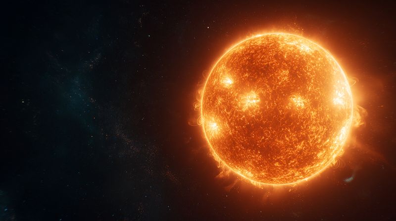 High-resolution view of a glowing orange star with turbulent fiery surface, bright corona and active solar flares set against deep space, illustrating intense plasma energy and vast cosmic background.