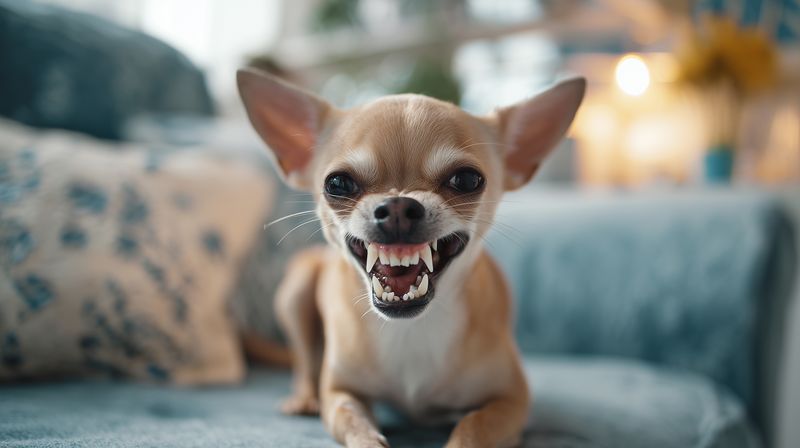 Small chihuahua snarling with bared teeth on a couch, focused aggressive expression, shallow depth of field, indoor pet portrait capturing tension and emotion in domestic setting.