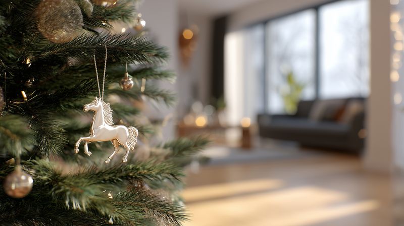 Cozy living room with a decorated Christmas tree featuring a delicate unicorn ornament, soft bokeh lights, and warm seasonal atmosphere creating a festive holiday scene.