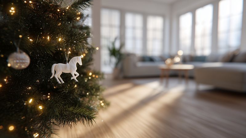 Cozy living room scene with a decorated Christmas tree in soft focus, featuring a white horse ornament and warm bokeh lights, capturing holiday atmosphere and home comfort.