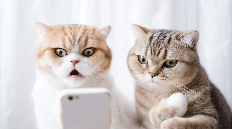 Two cats looking at a smartphone with curious and surprised expressions, capturing playful interaction and modern pet behavior in a bright indoor closeup showcasing fur texture and emotion.