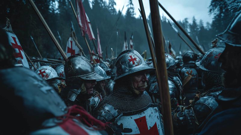 A tense medieval battle formation of armored knights in chainmail and helmets bearing red crosses, packed with spears and shields under a misty forest sky, cinematic and dramatic mood.