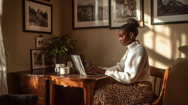 Woman working on a laptop at a wooden desk bathed in warm golden light, wearing a cozy sweater and patterned skirt, quietly focused on typing in a relaxed home office setting.