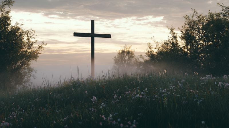 Misty meadow at dawn with a solitary wooden cross silhouetted against a soft sunrise sky. Wildflowers and tall grass drift in low fog, bathing the rural scene in gentle, contemplative light.