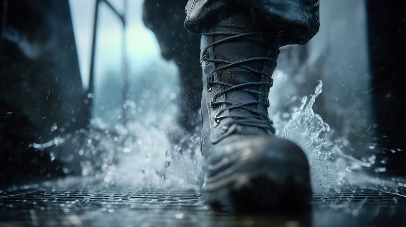 Close-up of a rugged boot stepping through splashing rainwater on a wet metal grate, dramatic moody lighting and motion capture highlighting texture, grit, and urban atmosphere.