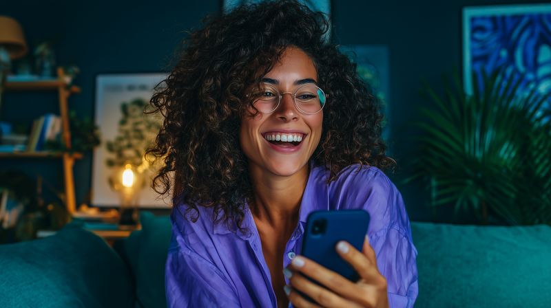 Young woman with curly hair and glasses laughing while holding smartphone on a cozy sofa in warm indoor evening light, capturing a candid relaxed lifestyle moment.