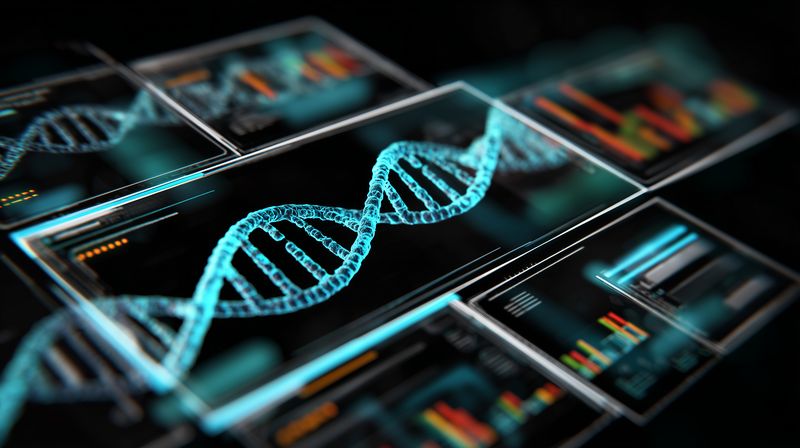 High-tech digital representation of a DNA double helix displayed on multiple transparent screens, illustrating advanced biotechnology, genetic research, data visualization and futuristic laboratory