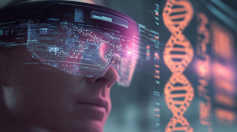 Close-up of a person wearing a futuristic augmented reality visor showing holographic DNA helix and flowing digital data, representing biotechnology research, medical visualization and innovation.