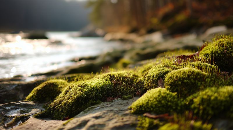 Close-up of vibrant green moss covering rocks beside a flowing river, sunlight creating a soft bokeh background and highlighting delicate textures in a serene natural riverside scene.