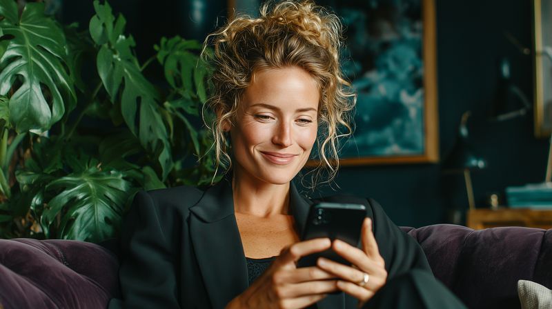 A smiling woman sits on a plush sofa in a cozy indoor living room, scrolling on her smartphone. Warm light and houseplants create a relaxed modern lifestyle mood full of comfort.
